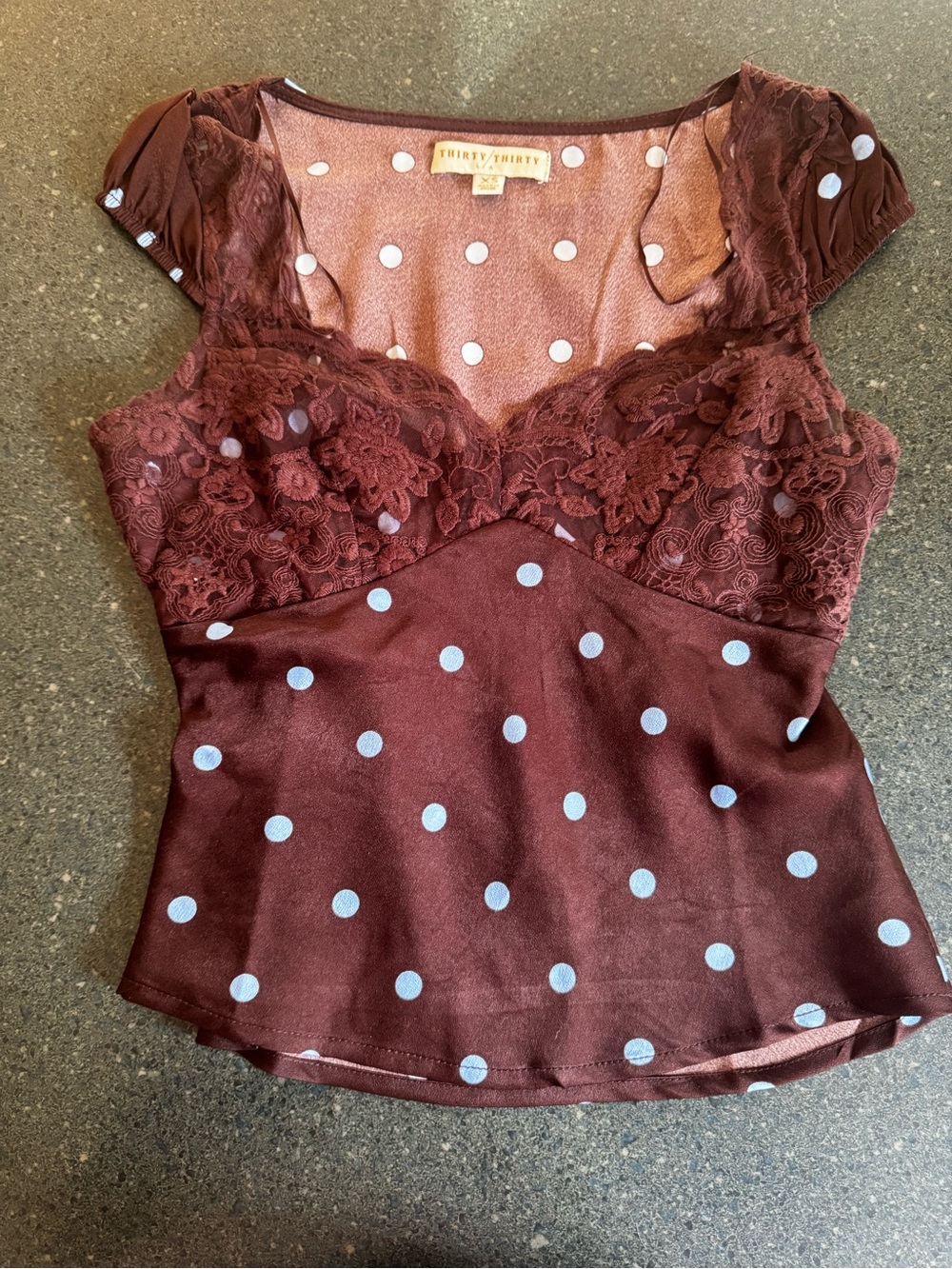 Thirty Thirty Lace-Trim Polka Dot Chemise Top in Burgundy